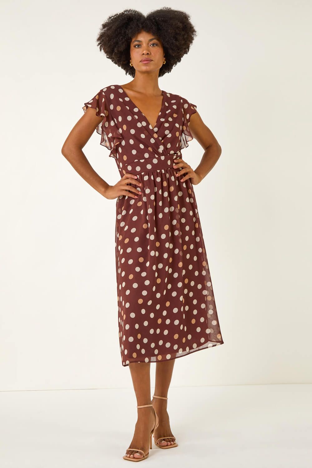 Roman Spot Print V-Neck Frill Midi Dress