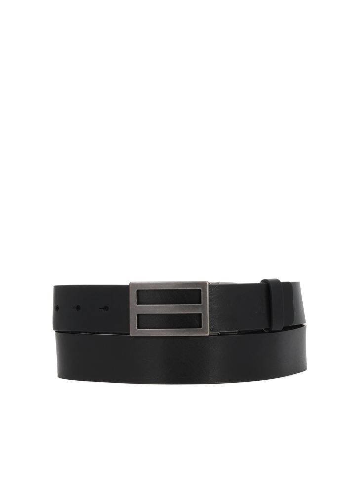 Black leather belt with silver buckle