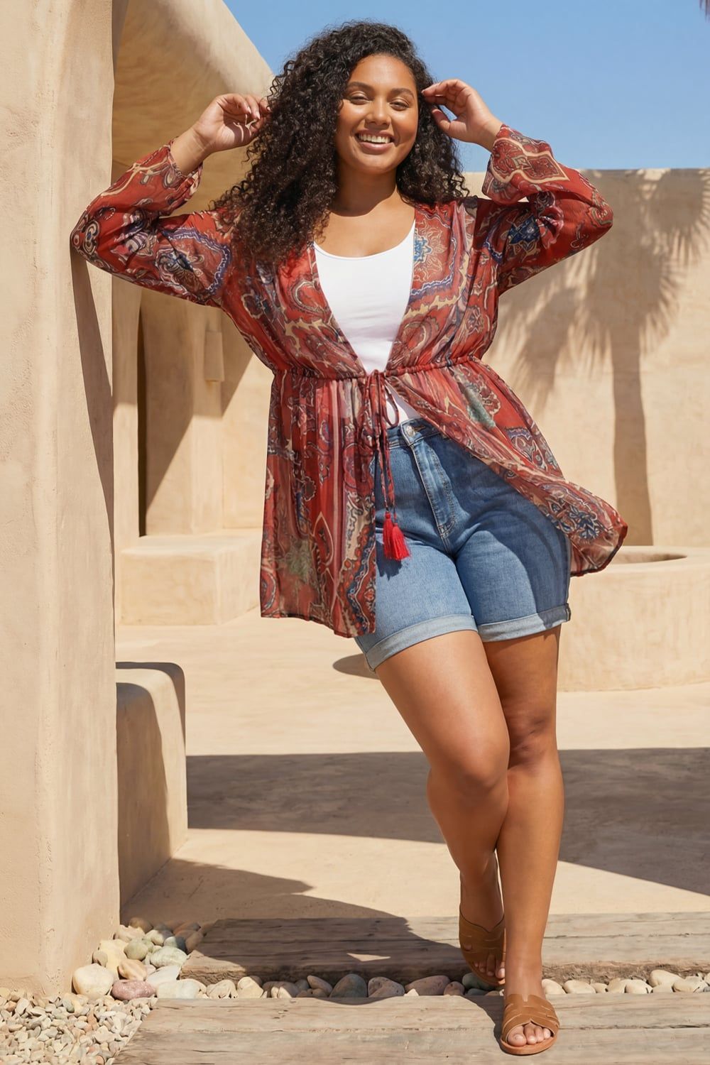 Roman Curve Paisley Tie Front Kimono
