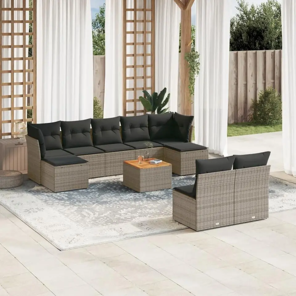 vidaXL 10-delige Loungeset met kussens & salontafel - Grijs - Poly rattan