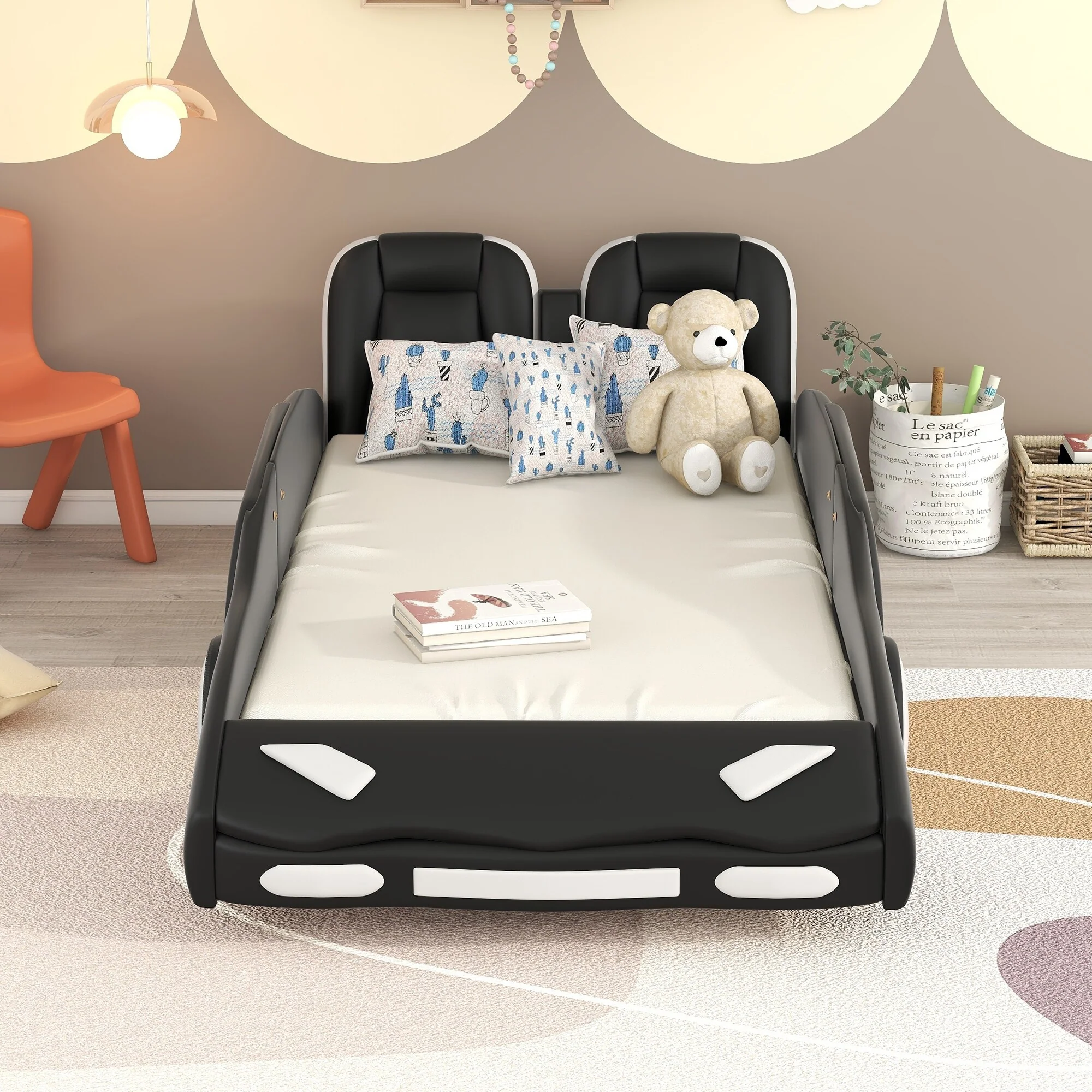 Black Twin Race Car Platform Bed with Guardrails and Wheels