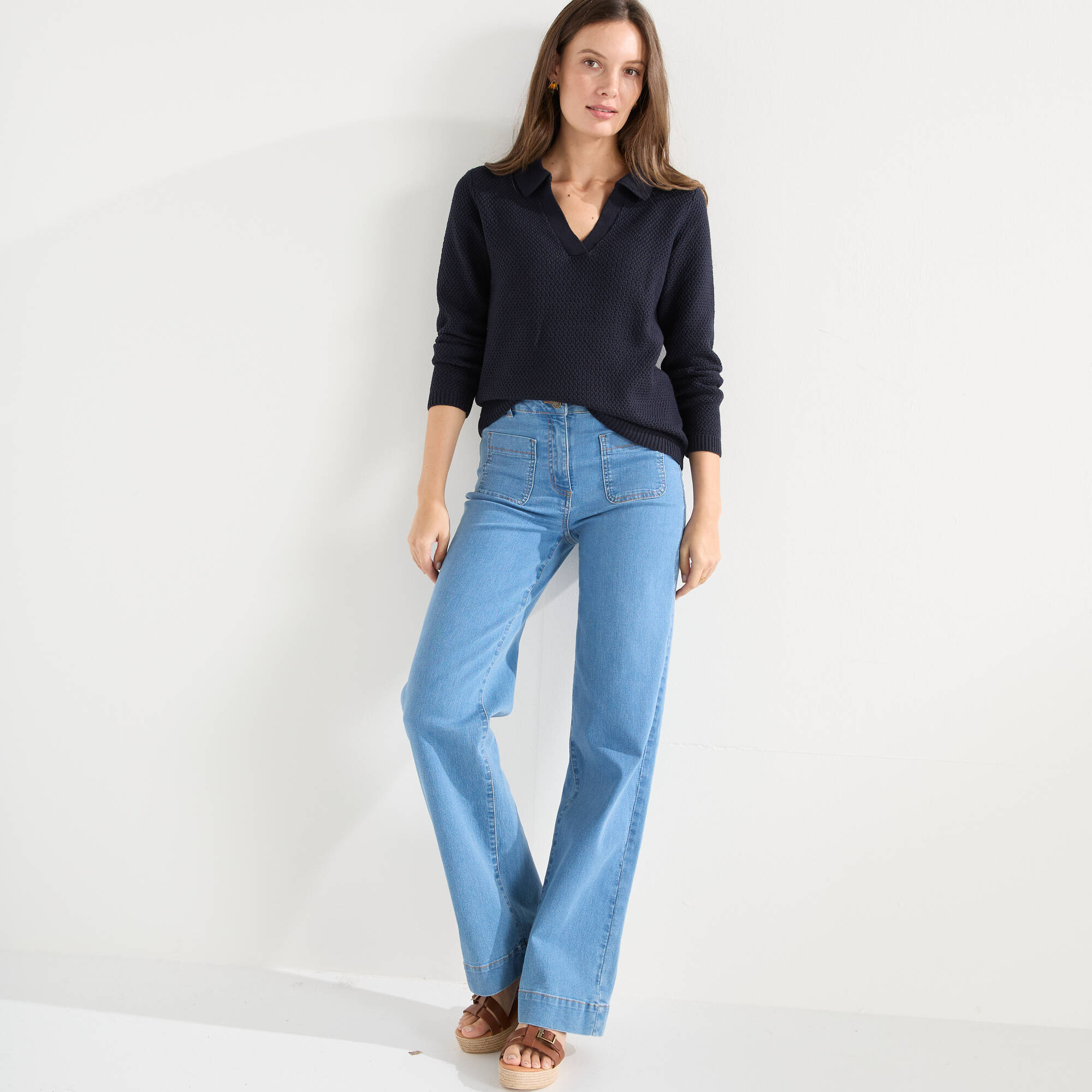 Pull col polo, maille fantaisie