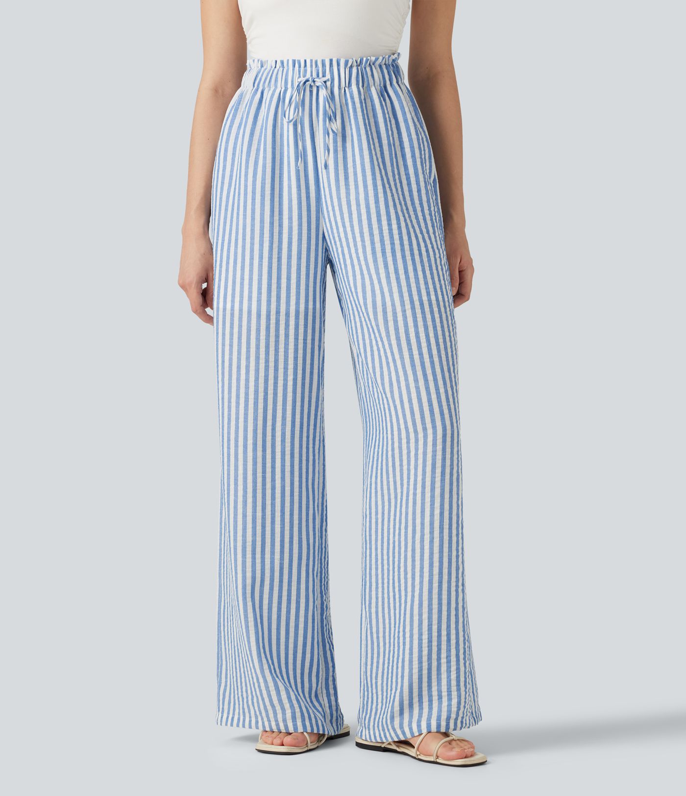 Pantalon large 2-en-1 effet lin taille haute à rayures avec cordon de serrage et poches