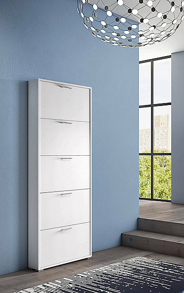 Etagere à chaussures Margherita, Meuble d'entrée polyvalent avec 5 portes pliantes, 67x18h184 cm, Blanc