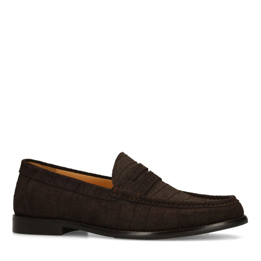 Manfield Bruine suède loafers met crocoprint