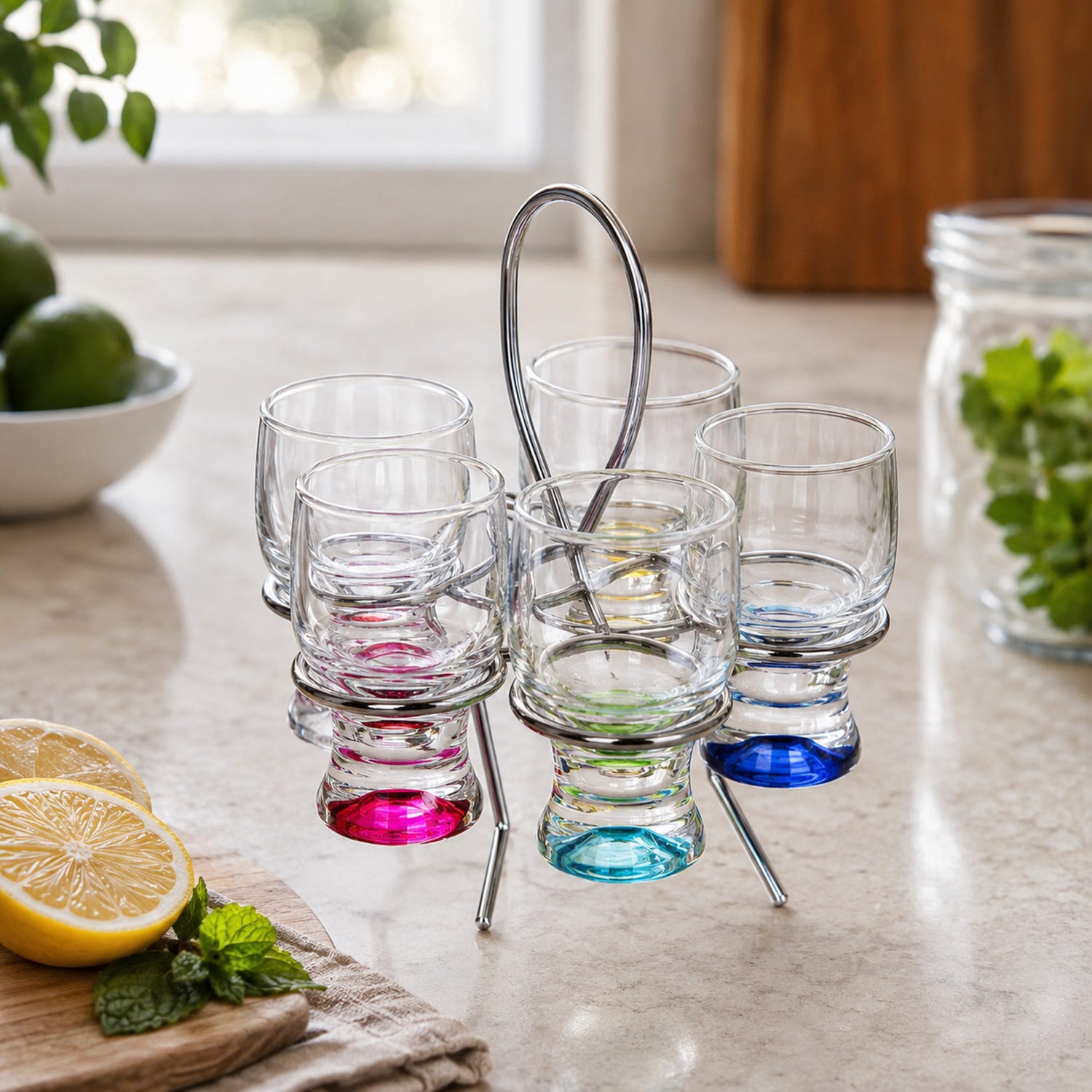 Set 6 bicchierini liquore vetro colorati stand ad anello