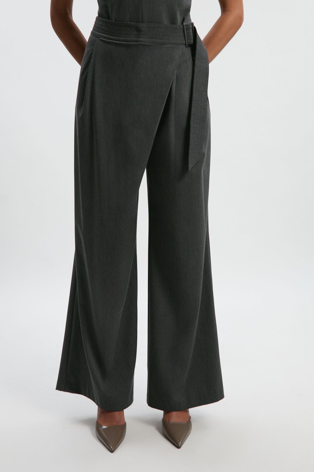 KarenMillen Polished Viscose Belted Tailored Wide Leg
