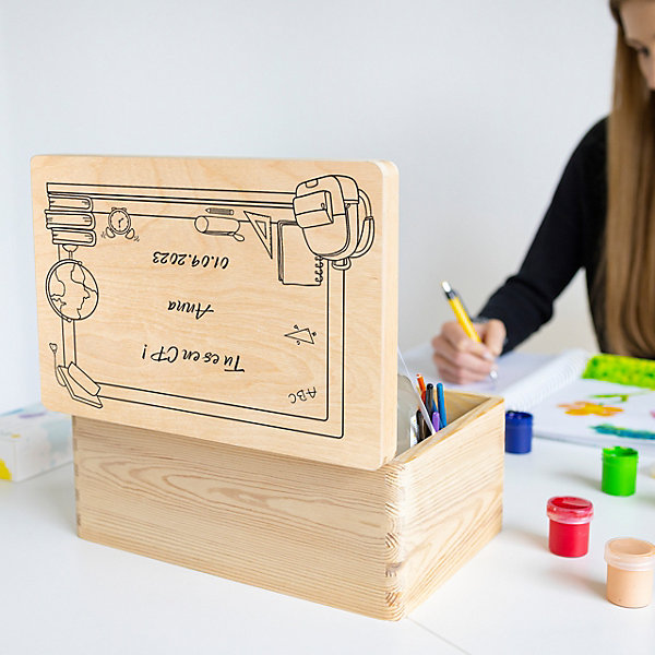 Creative Deco Boîte en Bois Personnalisée Premier Jour d'école - Votre Texte - 30 x 20 x 14 cm - Cadeau Souvenir Rentrée