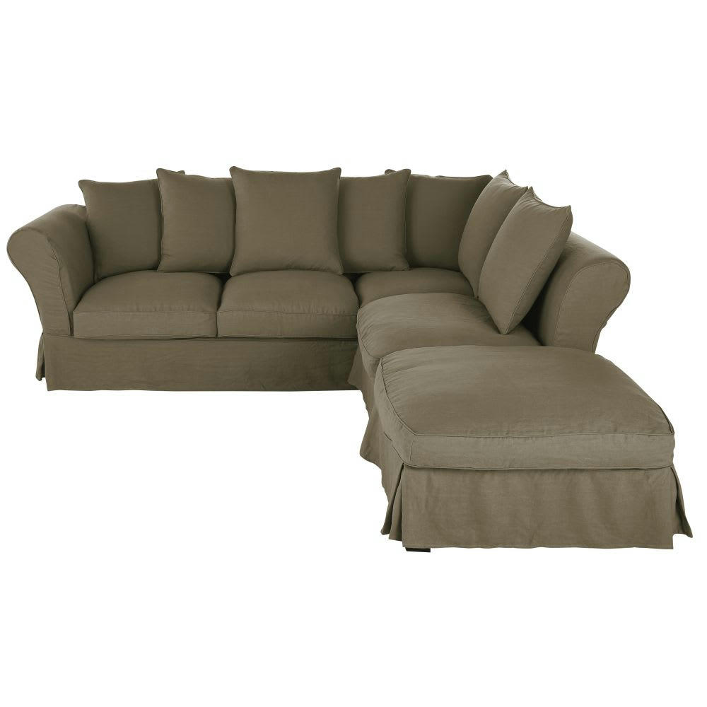 Roma - Housse de canapé d'angle convertible en lin froissé vert kaki