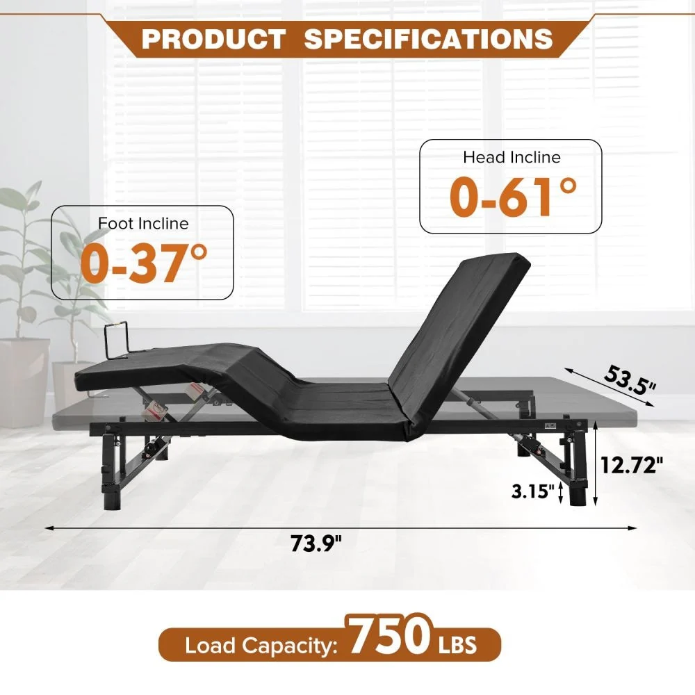 Adjustable Bed Base Frame Head and Foot Incline Quiet Motor Zero Gravity