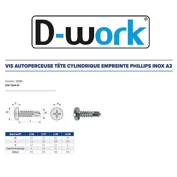 200 Vis Autoperceuses Tête Cylindrique Phillips 4.8 x 15.9 mm - DIN 7504 M - Inox A2 - D-Work