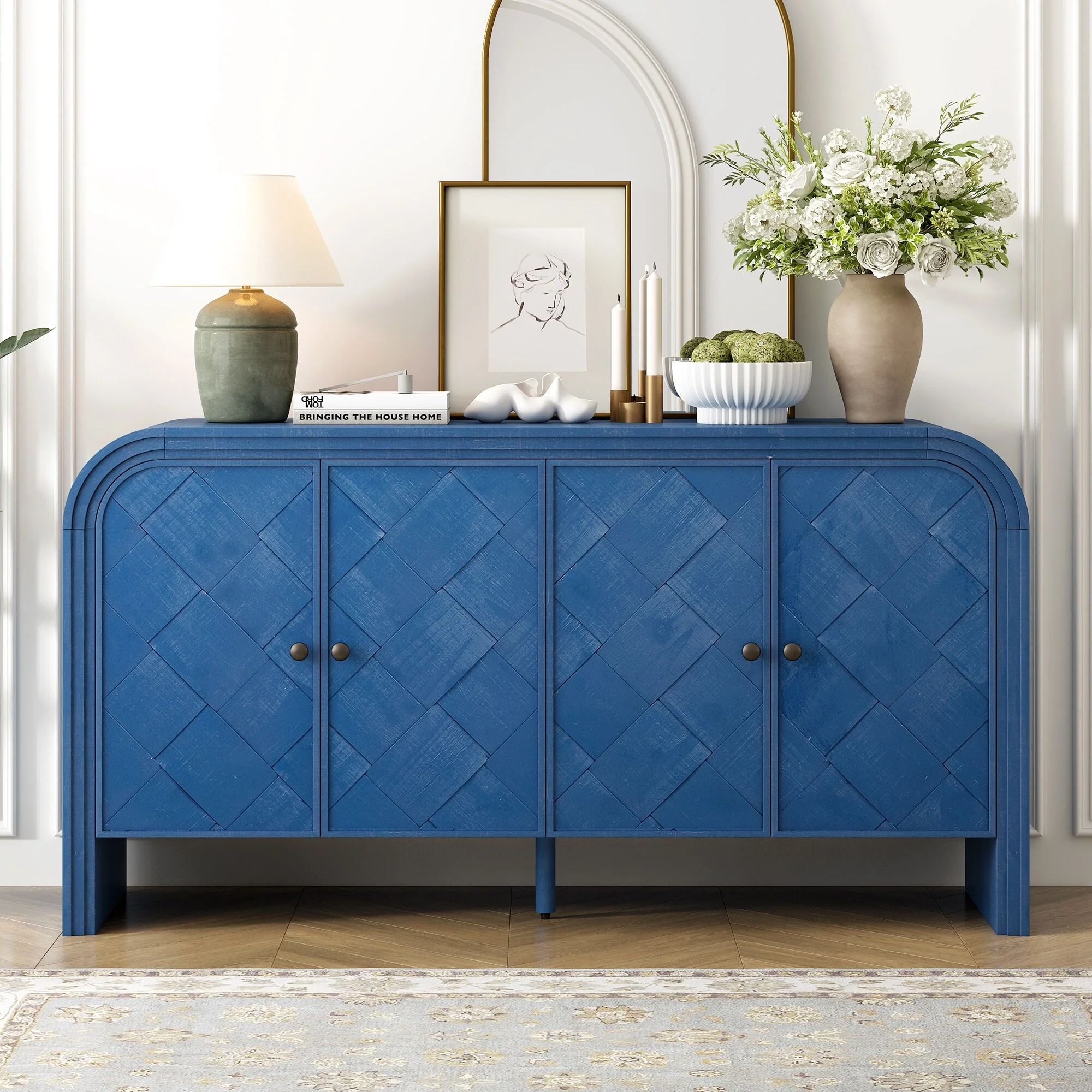 Premium Multi-Functional MDF Sideboard – Featuring Woven Wood Slat Doors, Tiered Stepped Design & Solid Wood Veneer.