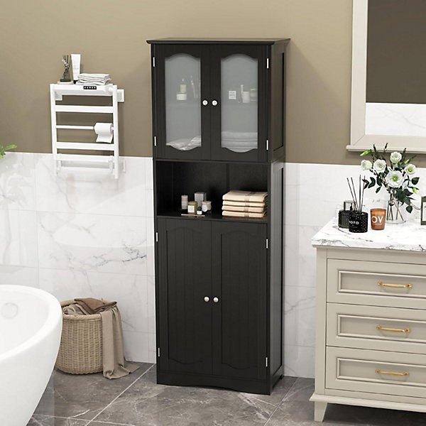 Armoire de Rangement Haute,avec Portes en Verre, Etagères,2/3 Compartiments Ouverts,pour Salle de Bain,Cuisine (60x30x164cm,Noir)