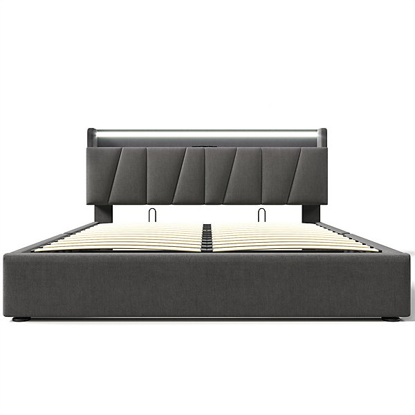 Lit adulte lit 140x200 cm lit rembourré avec éclairage led lit de rangement lit double lin gris