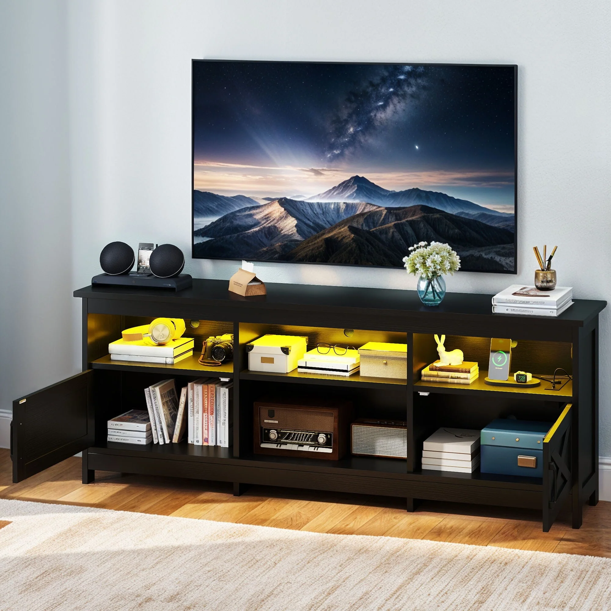 Moasis Farmhouse 70W TV Stand with LED Lights, Outlets