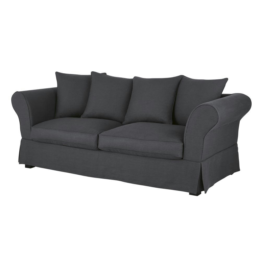 Roma - Housse de canapé fixe et convertible 3/4 places (6 cm) en lin froissé gris anthracite