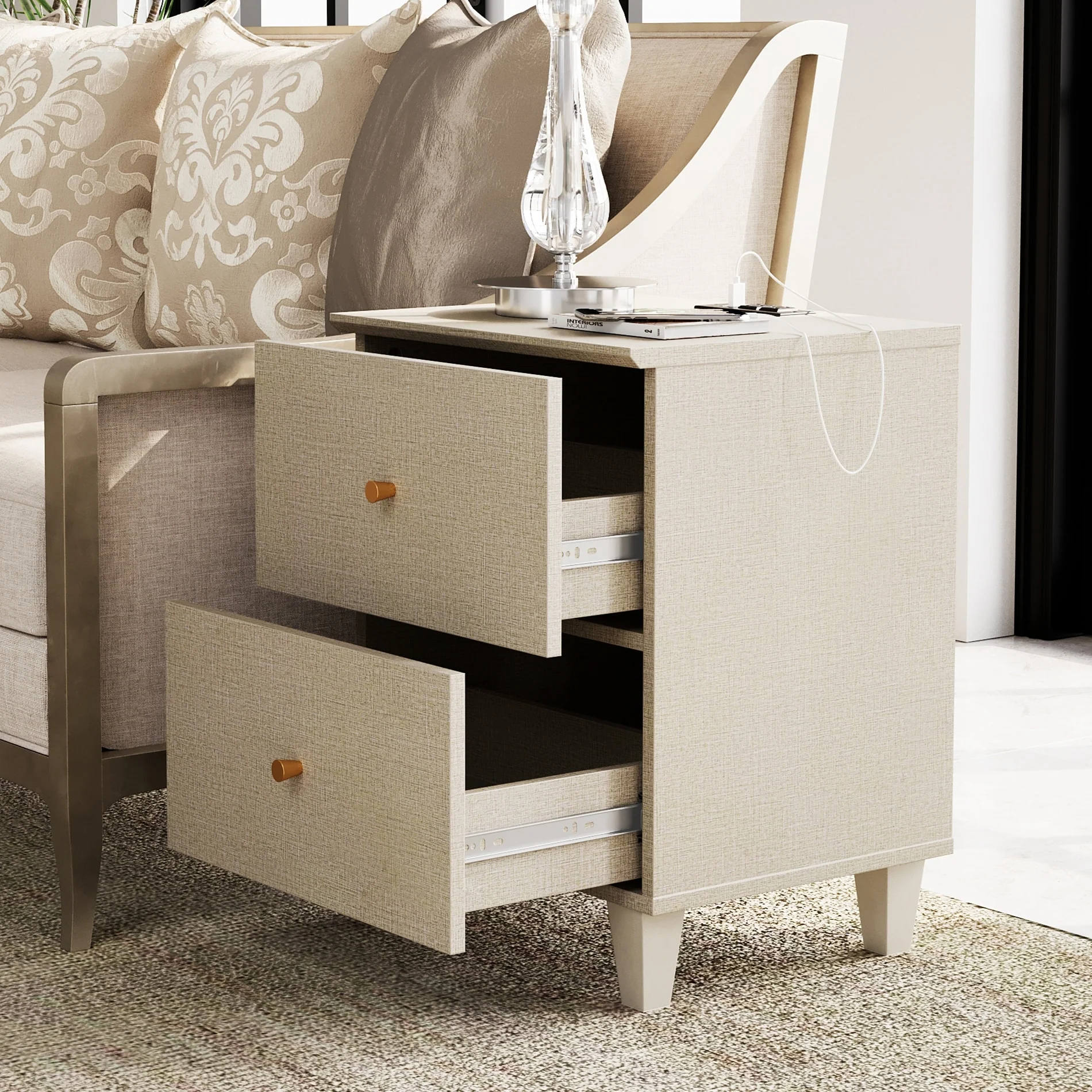 2 Drawer Nightstands with Charging Station for Bedroom