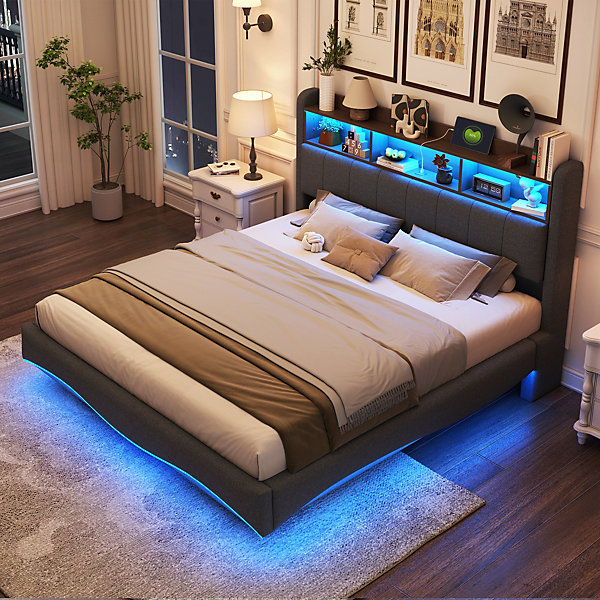 Canape lit 160x200 avec tete eclairee LED rangement integre et ports USB Type C tissu gris structure metal