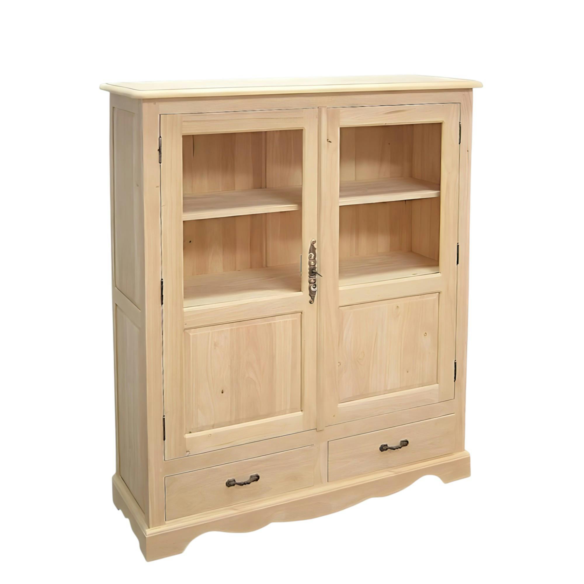 Buffet / Vaisselier Hévéa 2 portes vitrées, 2 tiroirs 110x38x130cm TRADITION