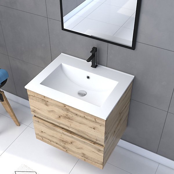 Ensemble sous vasque suspendu effet chêne industriel 2 tiroirs   vasque blanche   1 miroir, l.60 cm, Galedo Timber