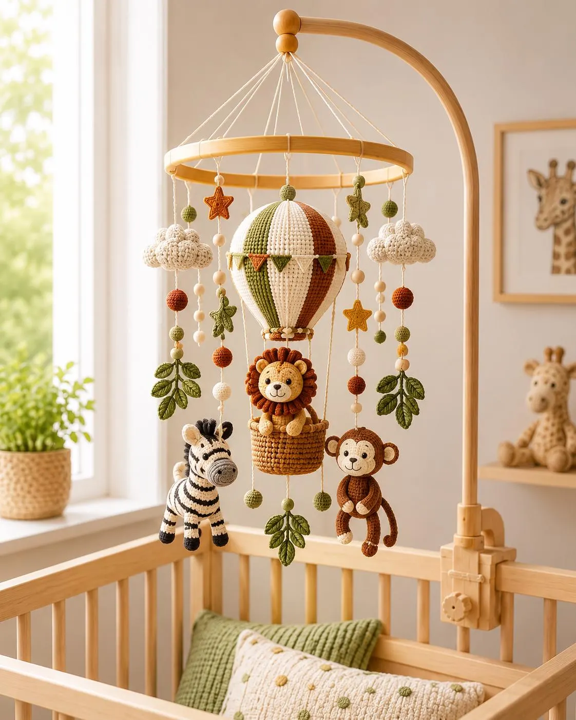 Crochet Safari Baby Mobile, Hot Air Balloon Crib Mobile with Lion Zebra Monkey, Jungle Nursery Decor, Baby Shower Gift