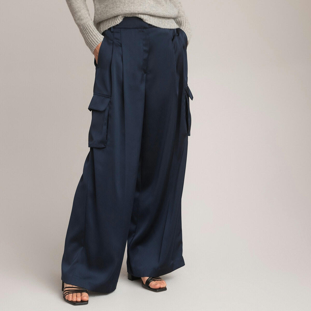 Pantalon large en satin, poches battle