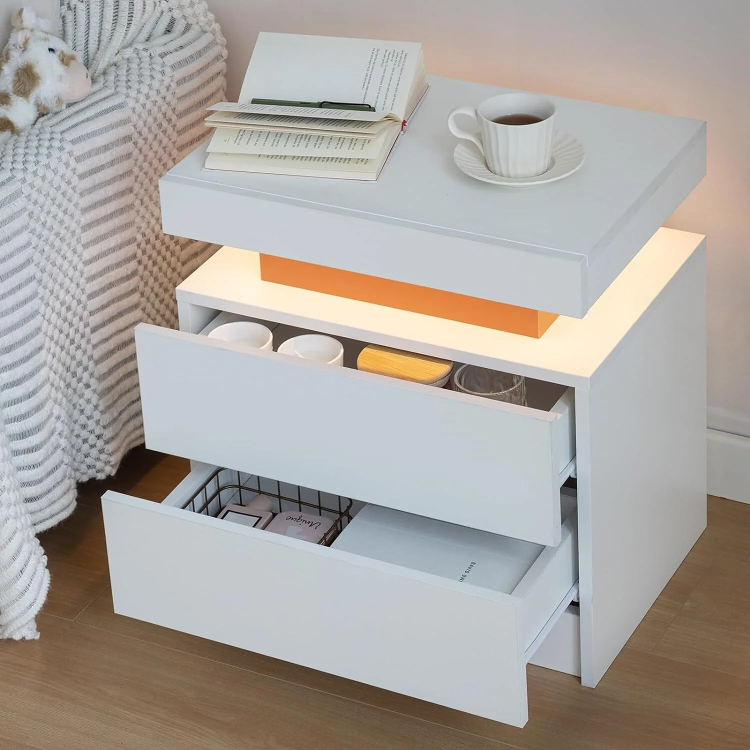 Modern Bedroom Wooden Nightstand/Bedside Table Cabinet with LED Lights and 2 Drawers
