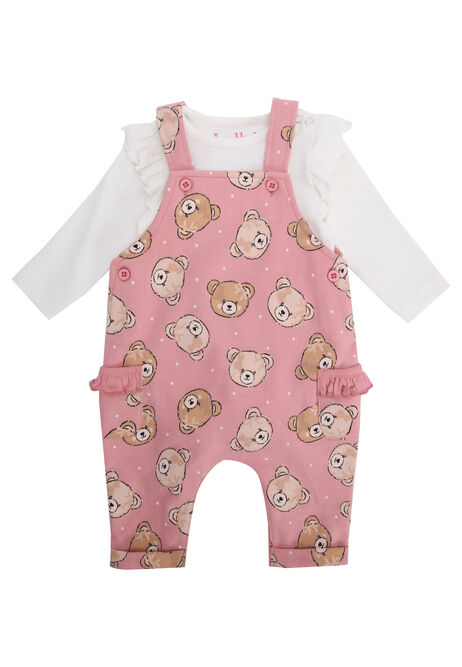 Baby Girls Pink Bear Dungaree & Frill Bodysuit Set