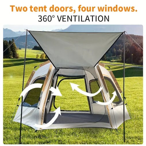 NNETM Hexagonal Fiberglass Pole Camping Tent - Silvery Glue Beige, 4-Person Capacity