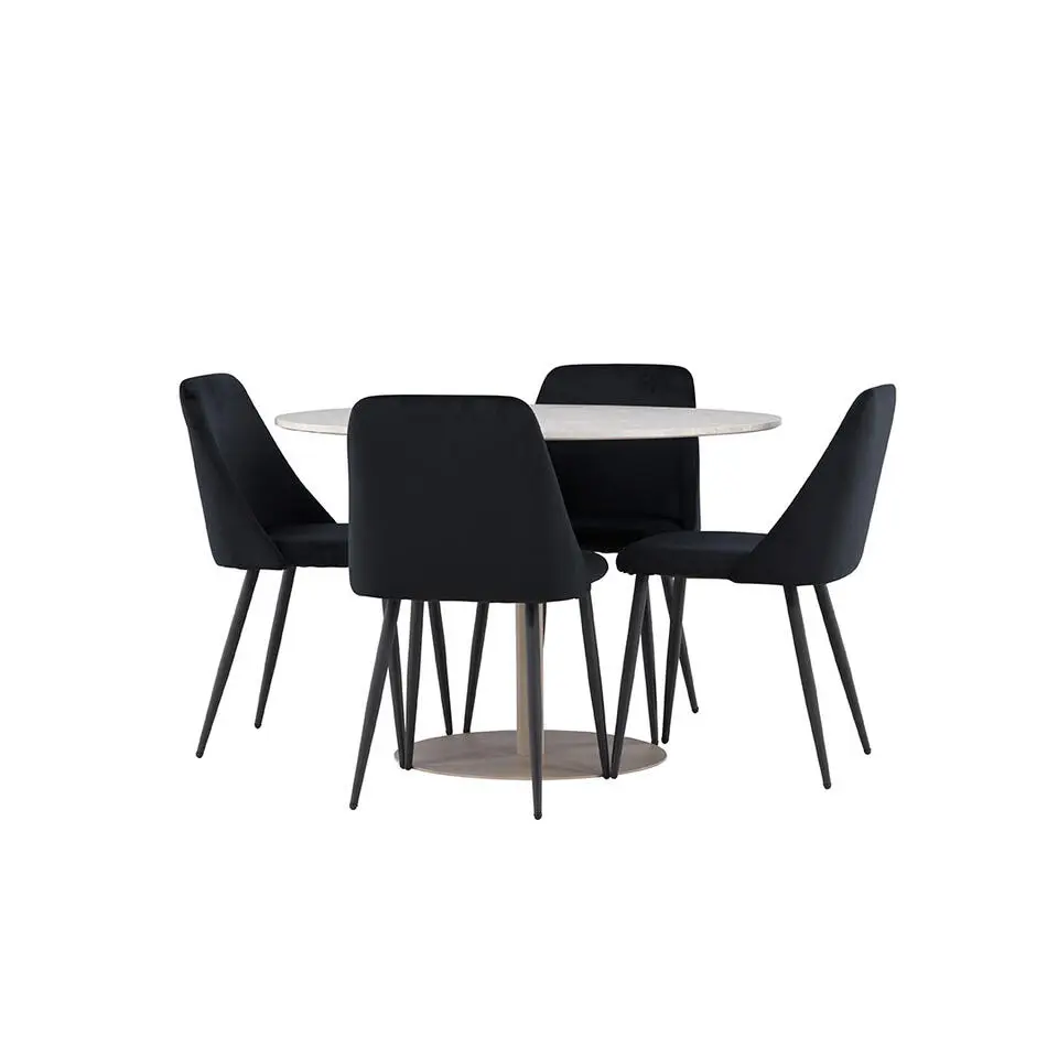 Hioshop Lycke eethoek tafel &Oslash;110cm en 4 velours stoelen beige