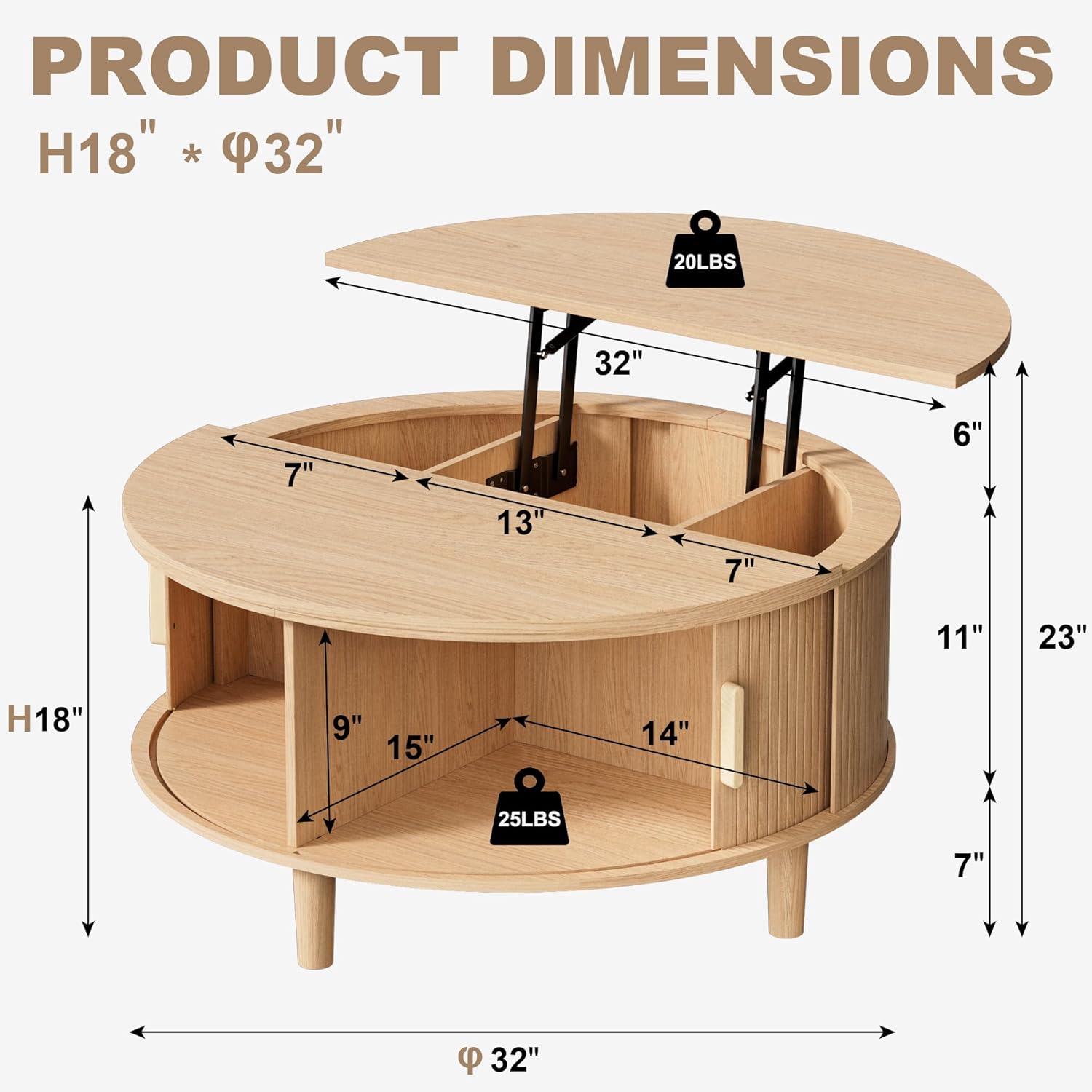 INNOD Round Coffee Table Lift Top with Storage, Fluted Drum Coffee Table for Living Room, Mid Century Modern Oak Wood Round Coffee Table with Sliding Tambour Door, Center Table (Boho Light Oak)