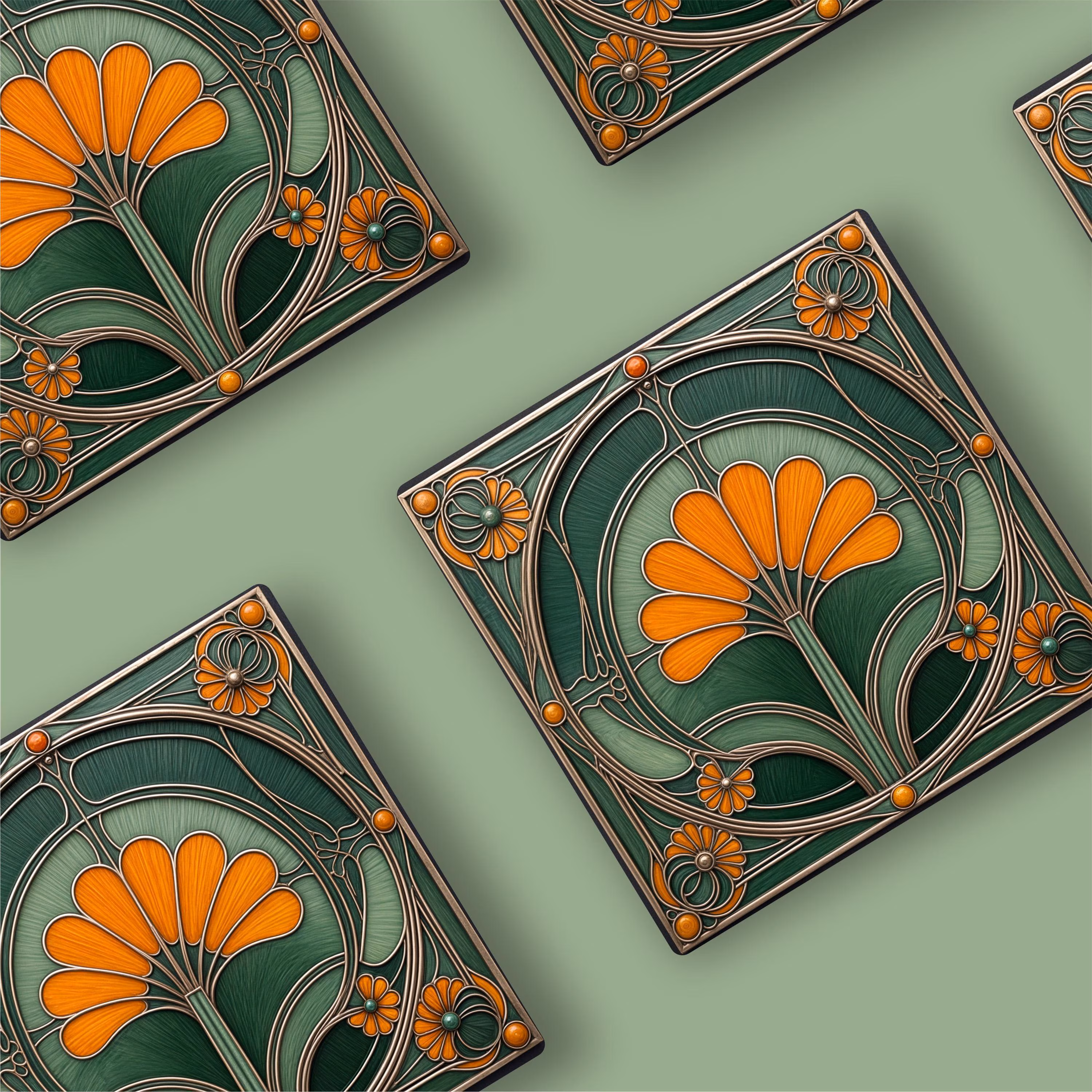 Art Nouveau Ceramic Coasters | Floral Design, Housewarming Gift, Set of 4