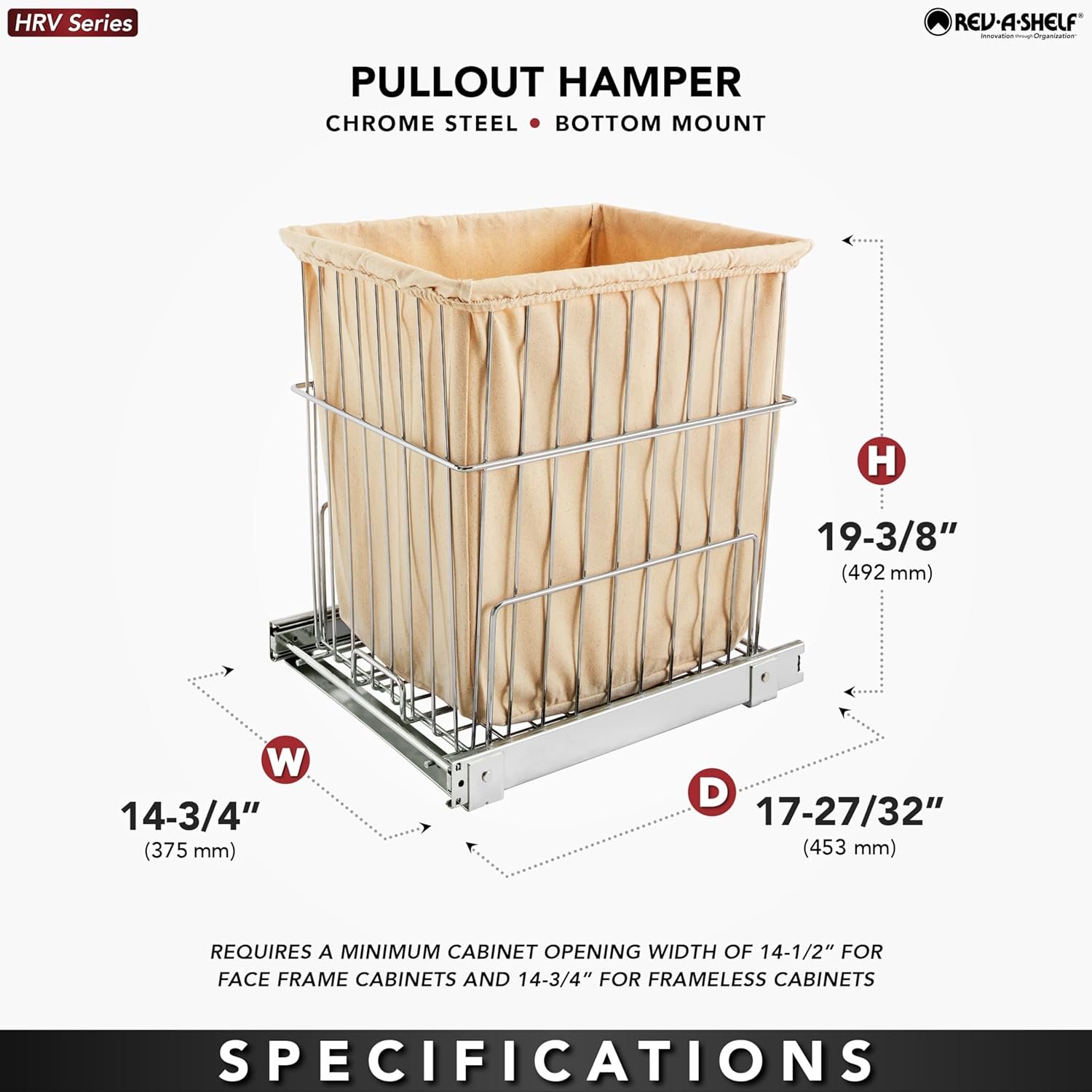 Rev-A-Shelf Pullout 20 Inch Deep Cabinet Floor Steel Mounted Clothes Laundry Hamper with Full Extension Slides, Chrome, HRV-1520 S CR - Hidden Storage Basket Organizer for Laundry Room and Bathroom