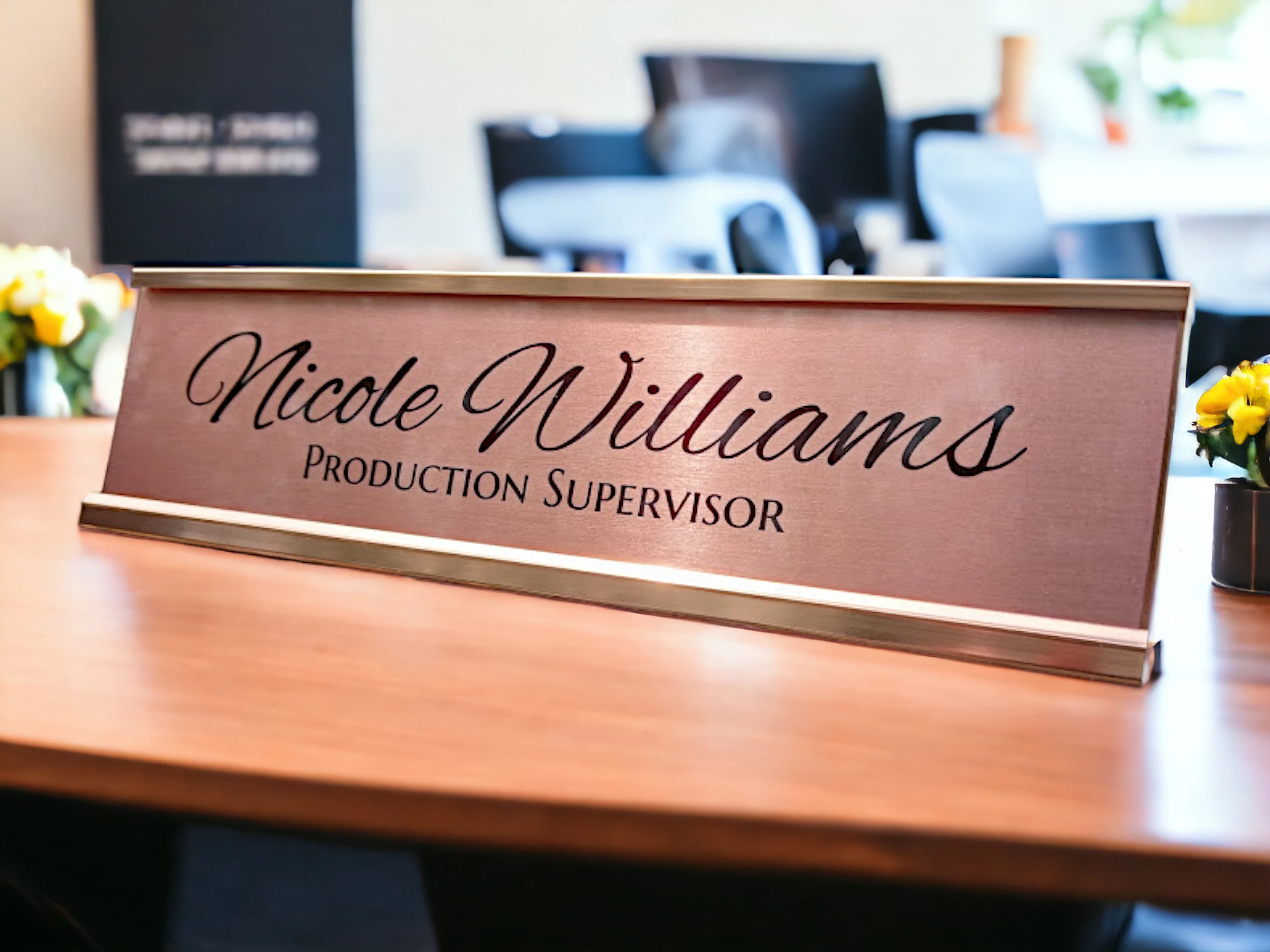 Personalized Desk Name plate nameplate brushed rose gold with rose gold aluminum holder 2 x 8 inches