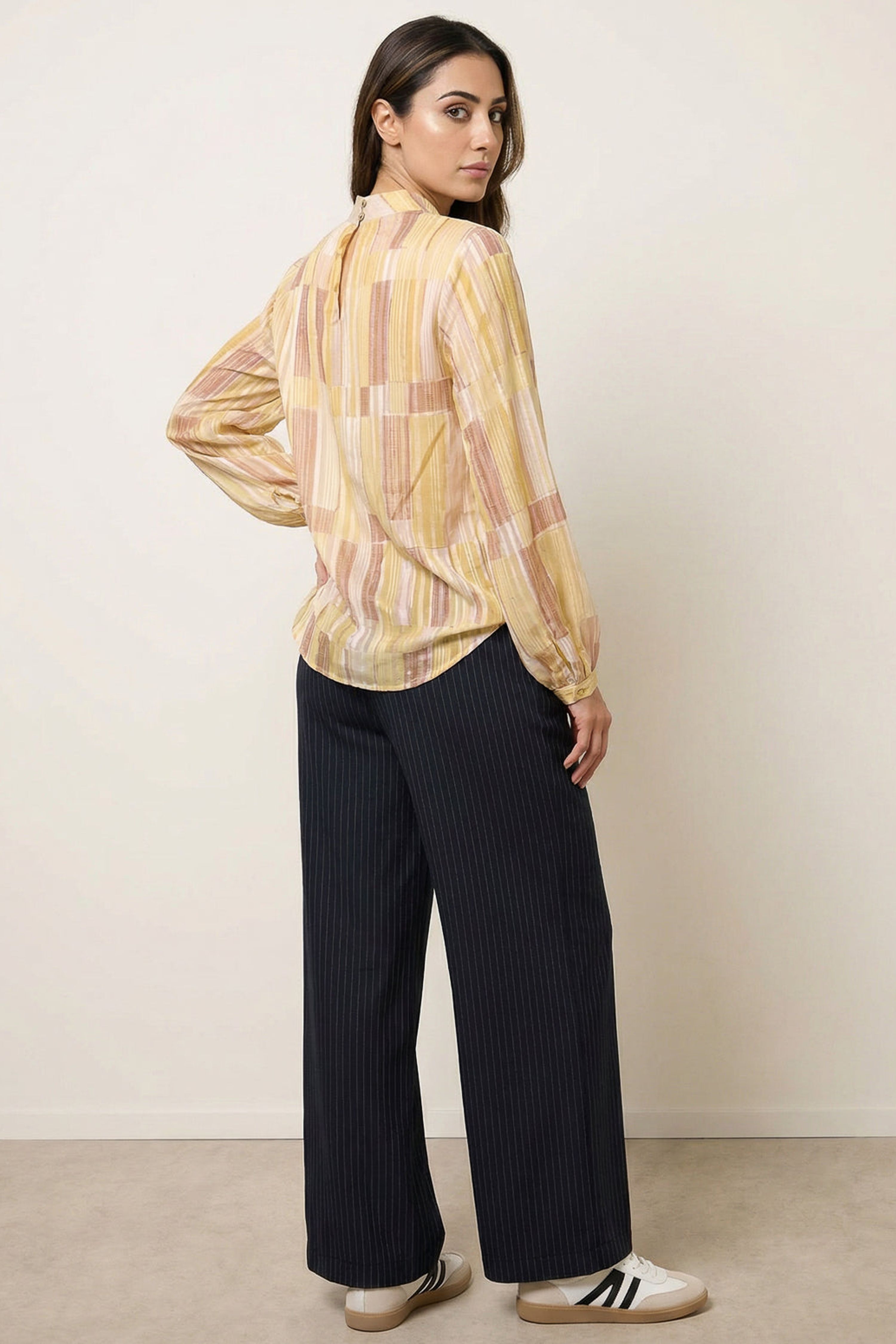 Blue Vanilla Yellow Tile Print Puffball Blouse With Metallic Detail
