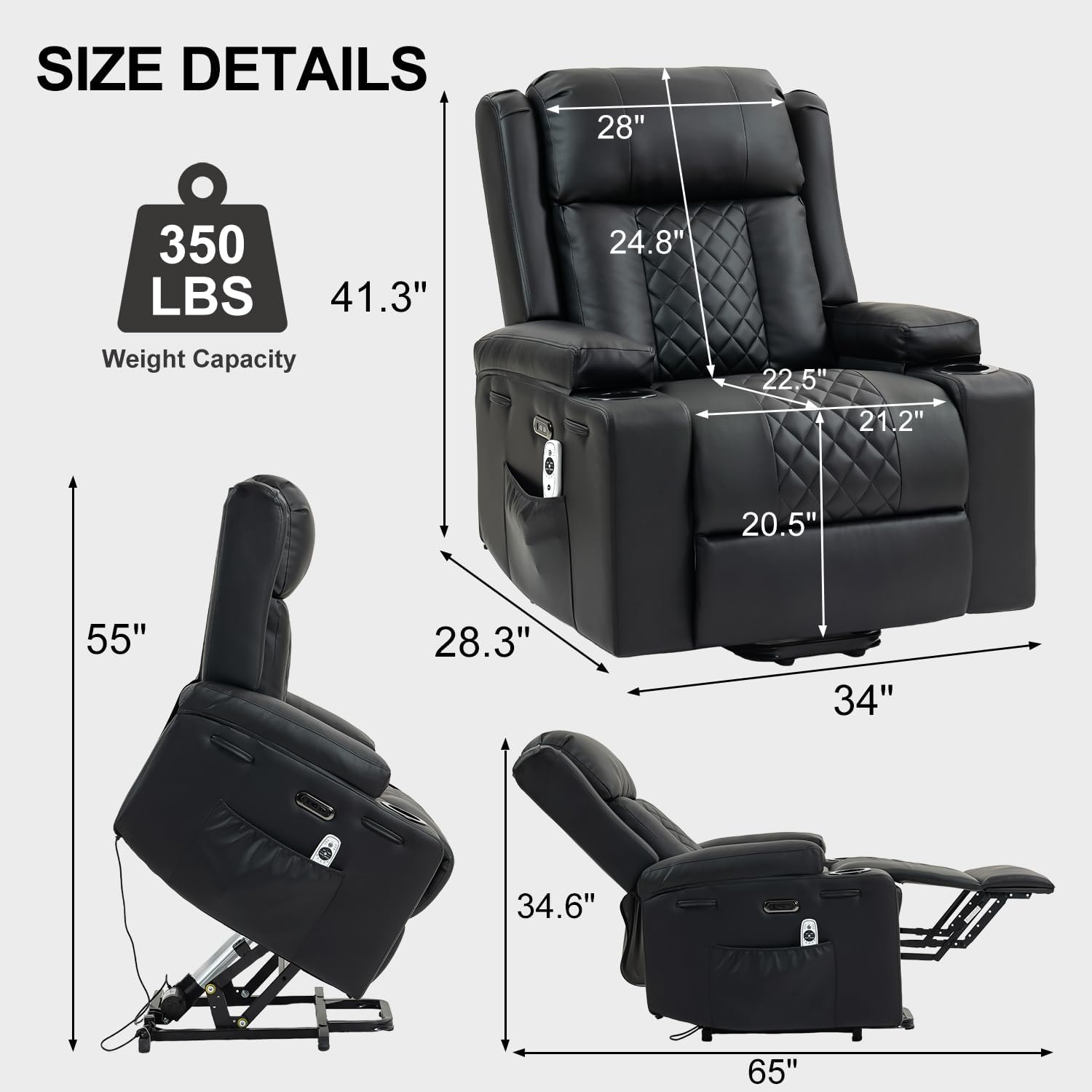 Power Lift Recliner Chair for Elderly with Vibration Massage and Lumbar Heating, Electric PU Leather Single Sofa with Cup Holders and USB & Type C Ports for Living Room, Black
