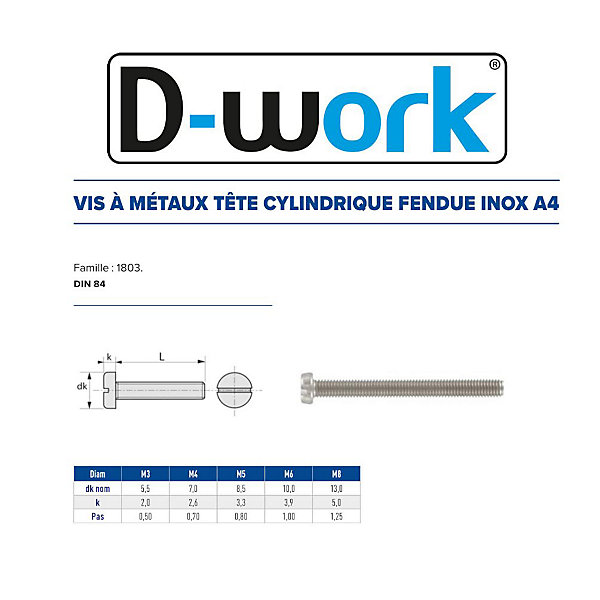 200 Vis Métaux Tête Cylindrique Fendue 3 x 30 mm - DIN 84 - Inox A4 - D-Work