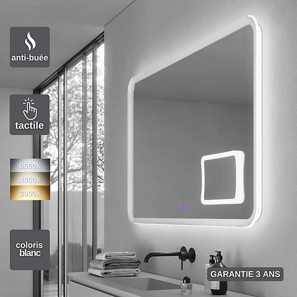 Miroir LED Réglable 100X80cm Blanc - Rétro-éclairé &éclairage Frontal - Commandes Tactiles &Anti-Buée - Zone X3 - DUOMO LEDIMEX