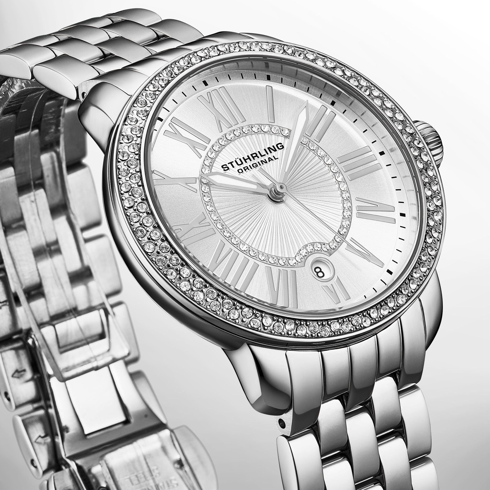 STÜHRLING Original Celestia Quartz 38mm Watch – Sunray Dial, Crystal Bezel, Steel Band