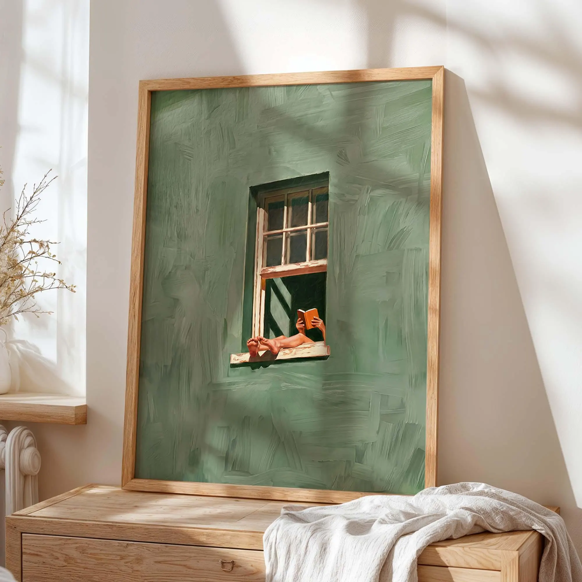 Woman Reading in Window Print, Sage Green Reading Nook Wall Art Print, Minimalist Book Lover Decor, Slow Living Gift
