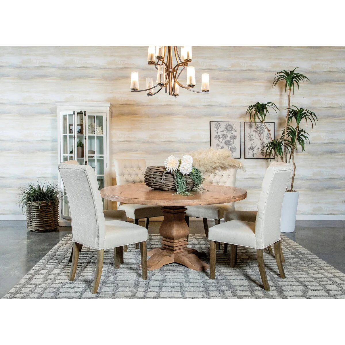 Florence Round Dining Table Set with Tufted Back Side Chairs Rustic Honey