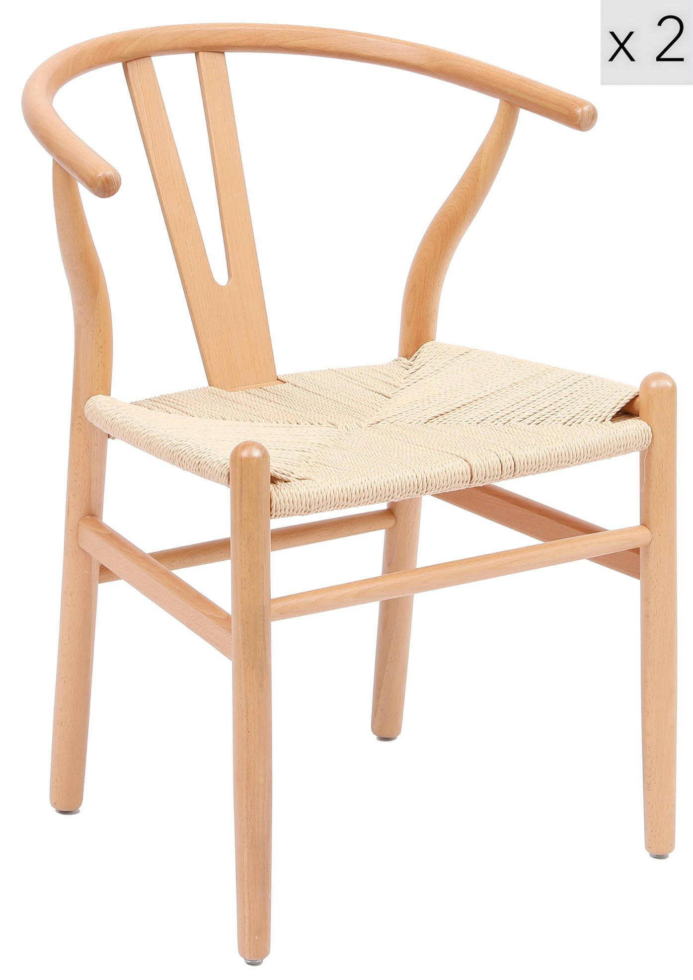 - Lot de 2 chaises en bois massif et corde naturelle