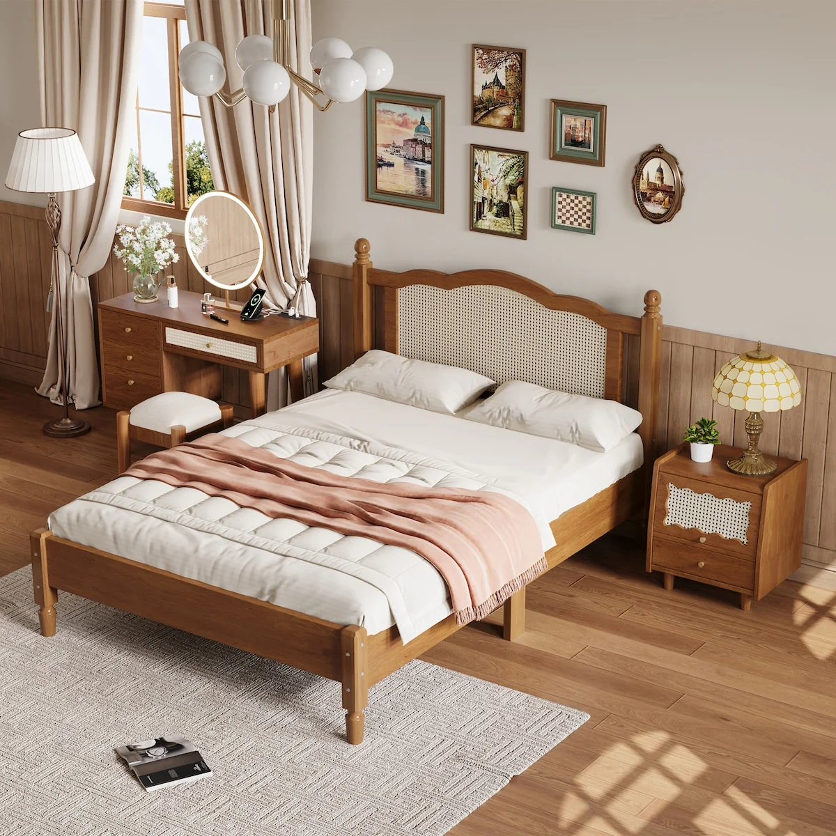 3 Pieces Bedroom Set with Full Size Wooden Bed Frame, 1 Vintage Nightstand and 1 Makeup Vanity Set with Stool