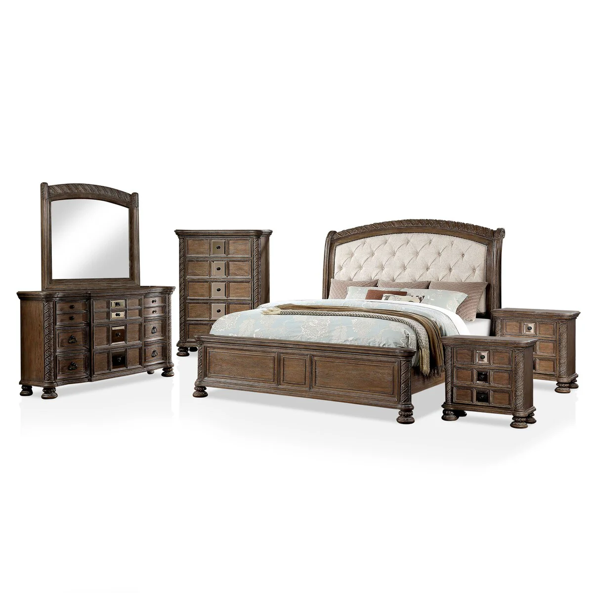 Cimarron Transitional Brown Wood 6-Piece Tufted Panel Bedroom Set by Furniture of America