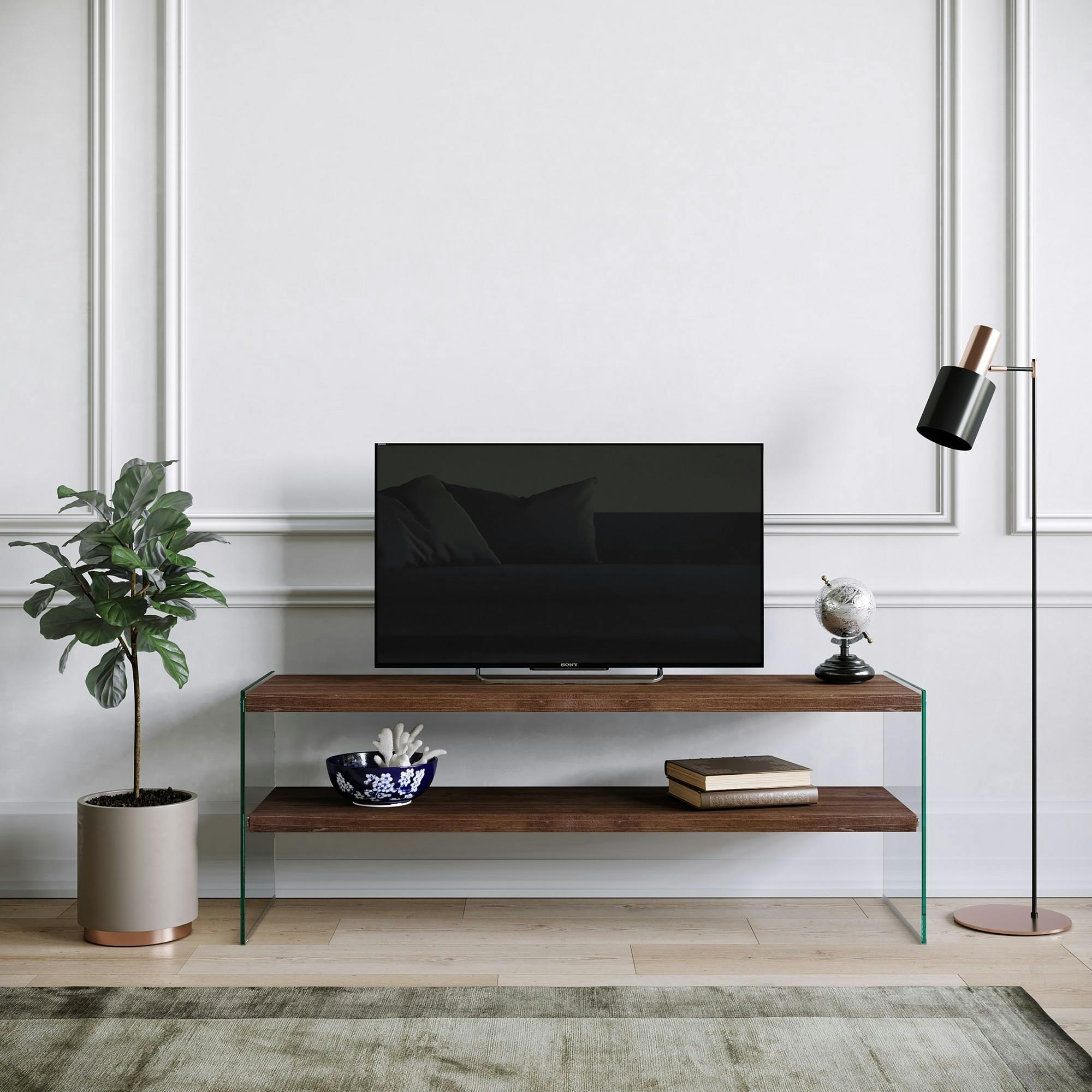 Meuble TV en bois brun et verre - 2 niveaux LHASA