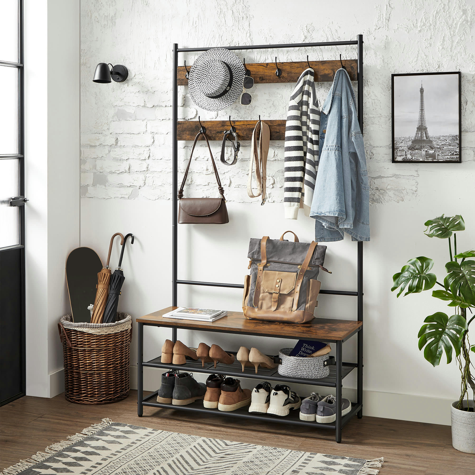 - Meuble d'entrée avec banc 100 x 40 x 180 cm effet bois marron rustique