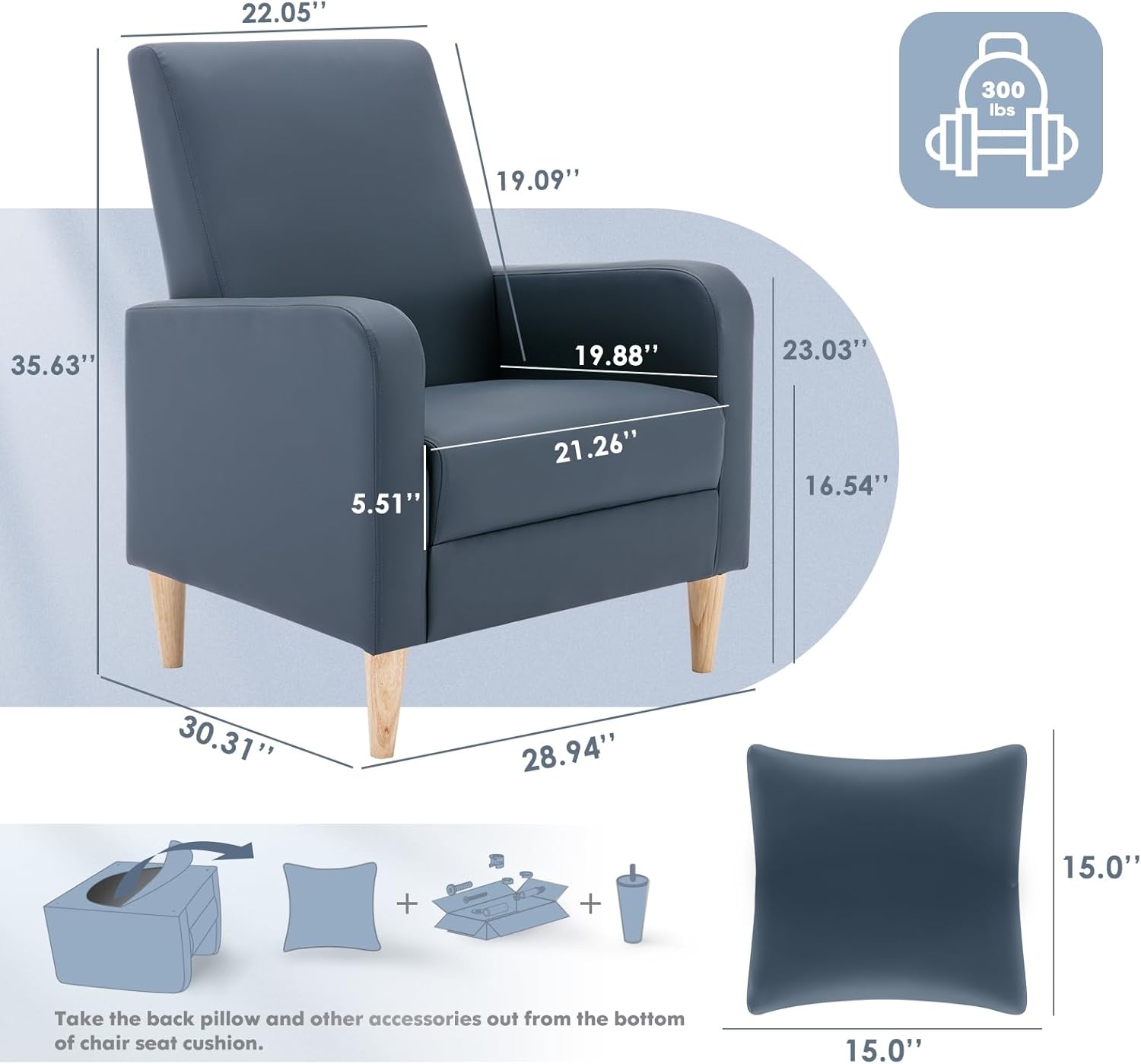 COLAMY Mid-Century Modern Upholstered Accent Chair with Back Pillow & Solid Wood Legs, Leather Cozy Armchair for Living Room, Bedroom, Reading Nook, Apartment & Small Spaces, Blue