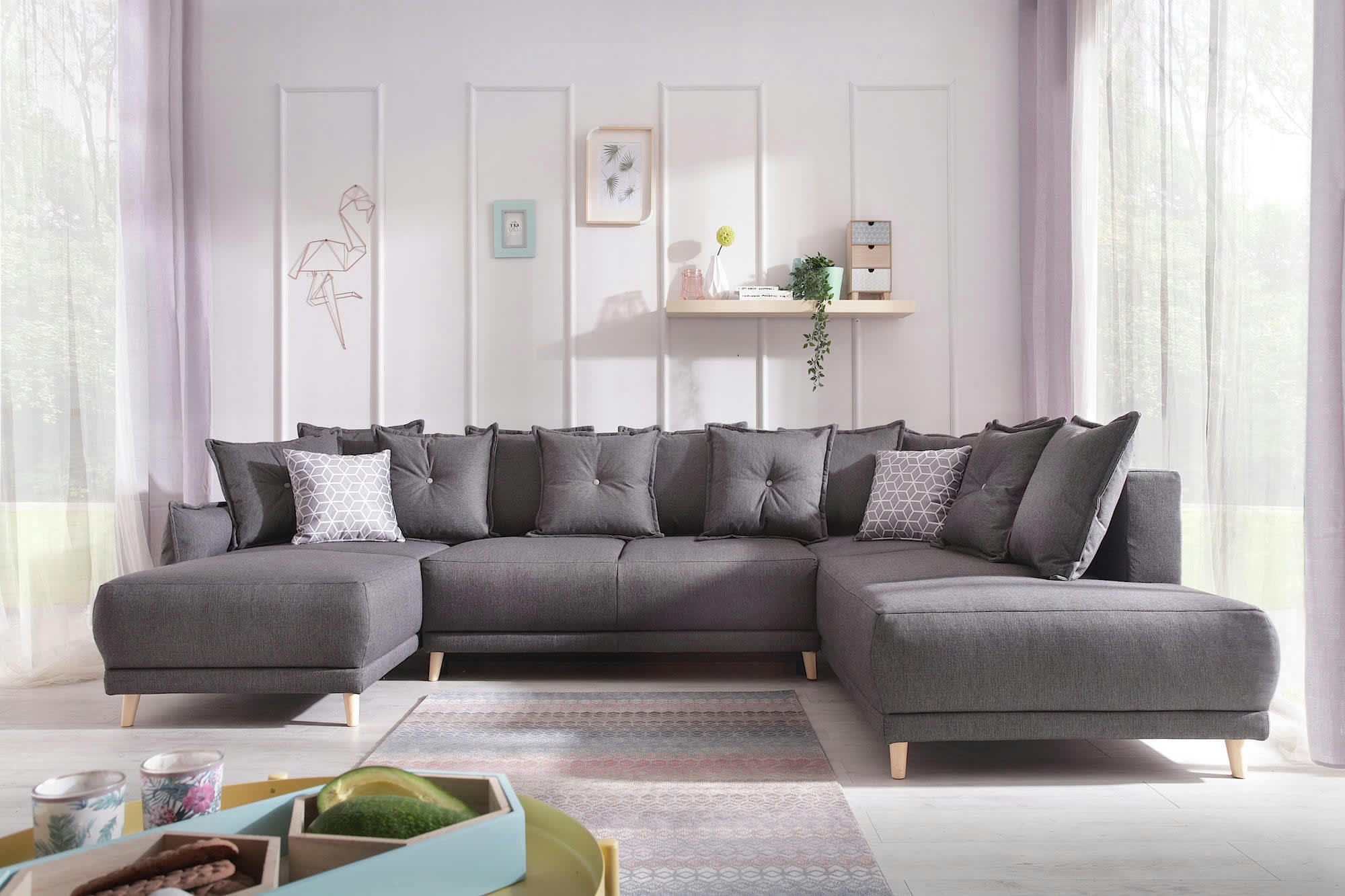 LENA - Canapé panoramique 7 places angle droit en tissu gris foncé