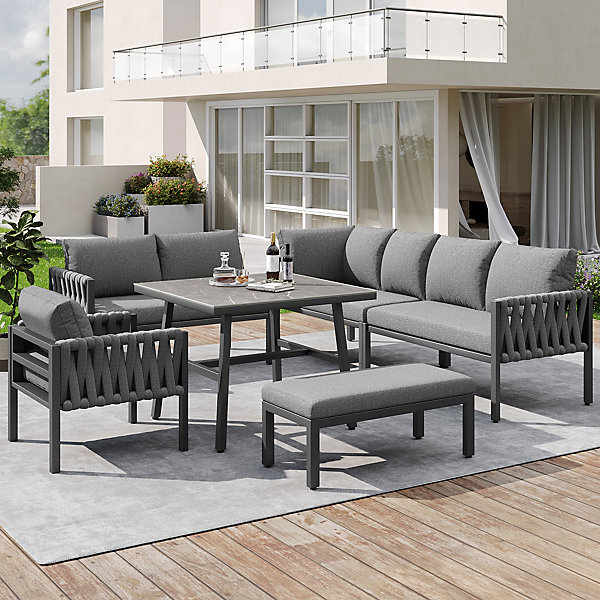 Ensemble de salle à manger de jardin en corde - 1 canapé d'angle 1 fauteuil 1 tabouret - Structure en fer galvanisé - Gris