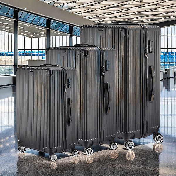 Ensemble de 3 Valises Rigides ABS, Bagage Cabine &Soute, Serrure à Code, Trolley Télescopique, 4 Roues 360, Noire